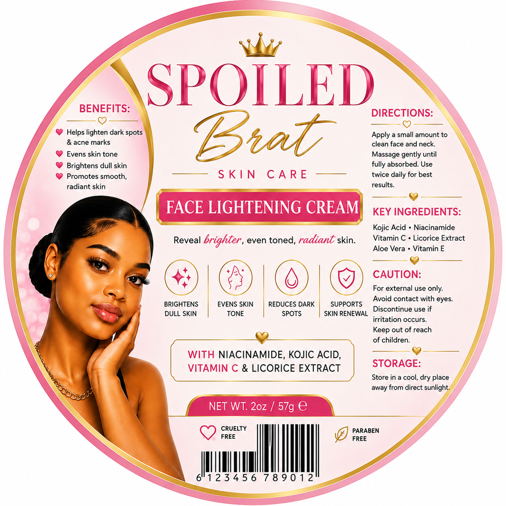 Here are some product title ideas for Spoiled Brat Skincare products:

* Spoiled Brat Glow & Radiance Face Cream
* Spoiled Brat Brightening Body Cream
* Spoiled Brat Dark Spot Corrector Cream
* Spoiled Brat Turmeric Brightening Scrub
* Spoiled Brat Glow B