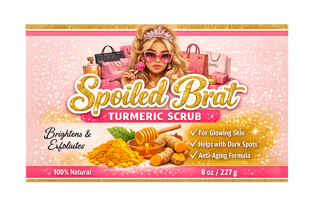 Here are some product title ideas for Spoiled Brat Skincare products:

* Spoiled Brat Glow & Radiance Face Cream
* Spoiled Brat Brightening Body Cream
* Spoiled Brat Dark Spot Corrector Cream
* Spoiled Brat Turmeric Brightening Scrub
* Spoiled Brat Glow B