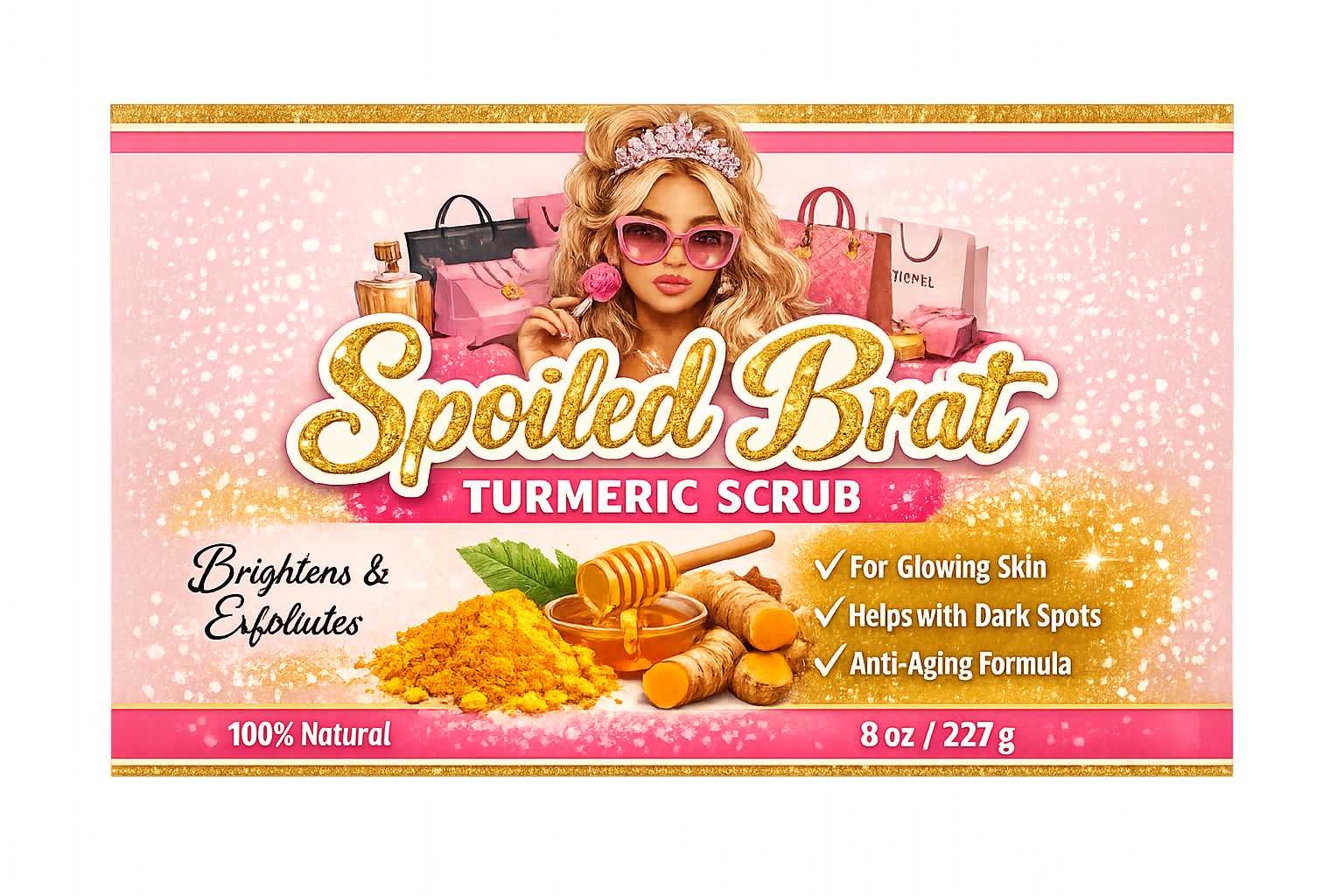 Here are some product title ideas for Spoiled Brat Skincare products:

* Spoiled Brat Glow & Radiance Face Cream
* Spoiled Brat Brightening Body Cream
* Spoiled Brat Dark Spot Corrector Cream
* Spoiled Brat Turmeric Brightening Scrub
* Spoiled Brat Glow B