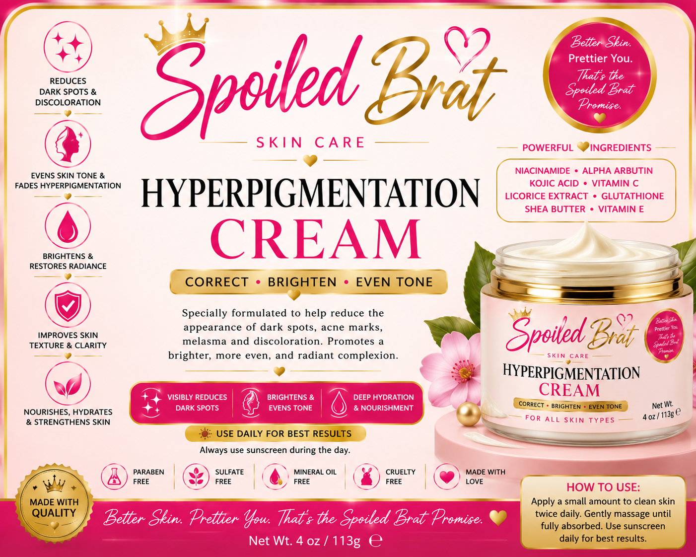 Here are some product title ideas for Spoiled Brat Skincare products:

* Spoiled Brat Glow & Radiance Face Cream
* Spoiled Brat Brightening Body Cream
* Spoiled Brat Dark Spot Corrector Cream
* Spoiled Brat Turmeric Brightening Scrub
* Spoiled Brat Glow B