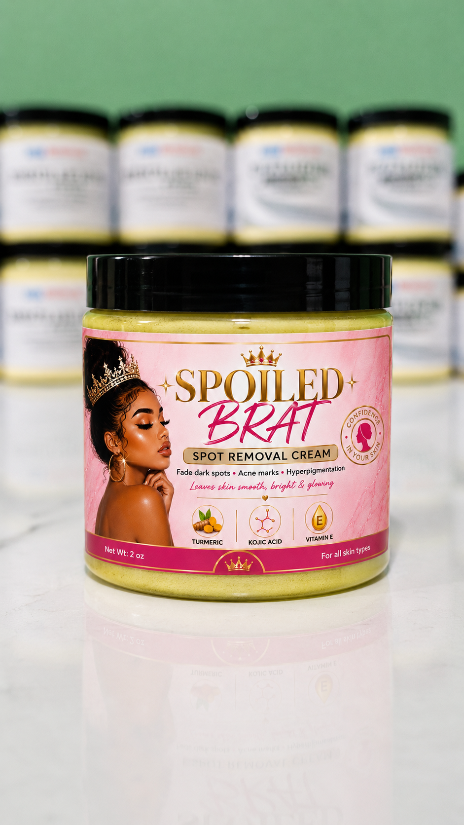Here are some product title ideas for Spoiled Brat Skincare products:

* Spoiled Brat Glow & Radiance Face Cream
* Spoiled Brat Brightening Body Cream
* Spoiled Brat Dark Spot Corrector Cream
* Spoiled Brat Turmeric Brightening Scrub
* Spoiled Brat Glow B